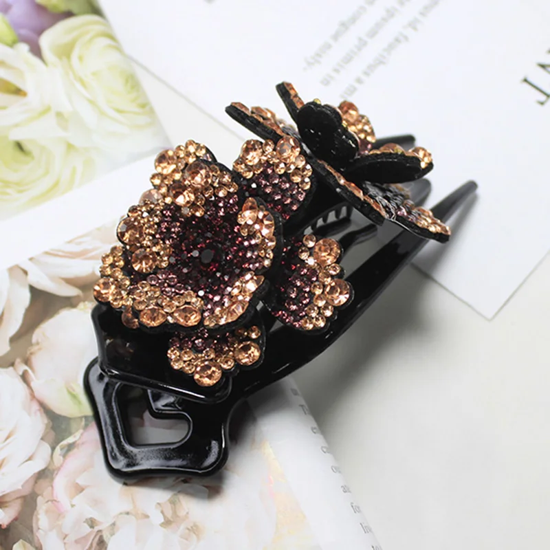 Lystrfac Female Large Rhinestone Flower Hair Claw Duckbill Clip Headdress Hairpin Plate Hair Grab Fashion Hair Accessories