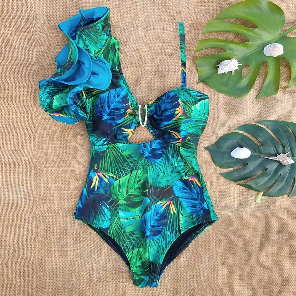 Sexy One Shoulder Ruffle One Piece Swimsuit Print Floral Swimwear Women Swimsuit V Neck Bathing Suit Beachwear Monokini Female