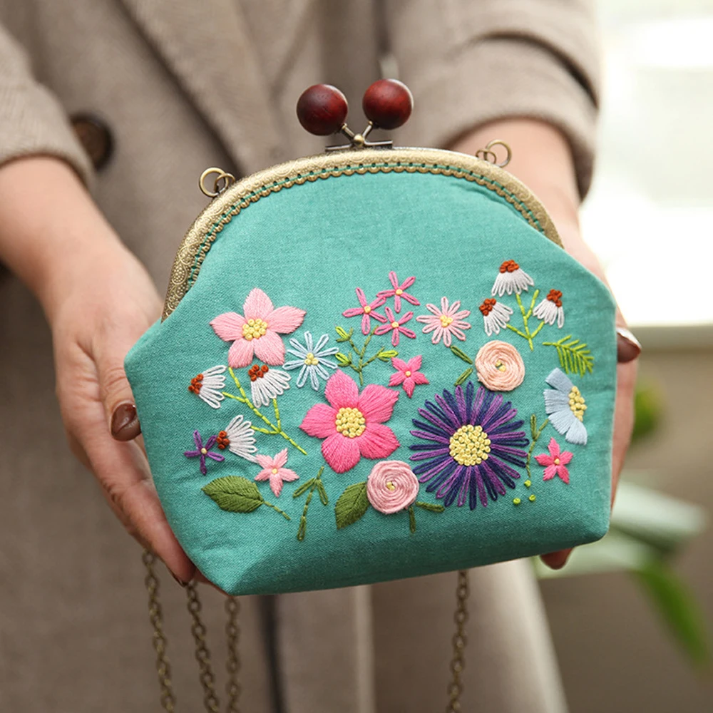 DIY Ribbon Embroidery Bag Set Needlework Kits Cross Stitch Chain Bag with Hoop Handmade Swing Purse Wallet Creative Gift 3D