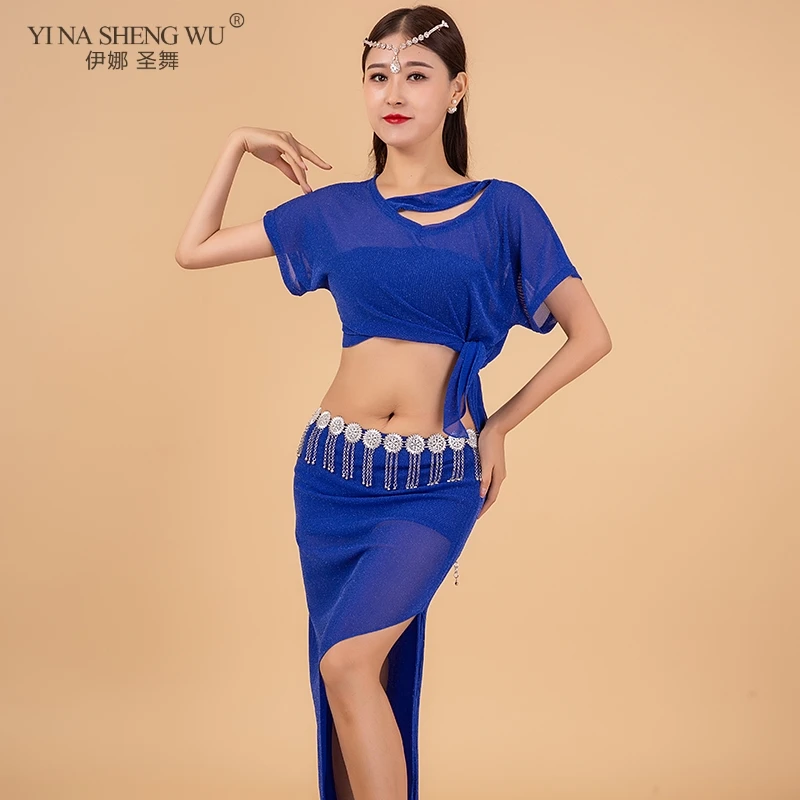 Mới Bellydance Trang Phục Nữ Cao Váy Bộ Sexy Múa Bụng 2 Chiếc Phù Hợp Với Tay Ngắn Thực Hành Quần Áo Tập Không dây