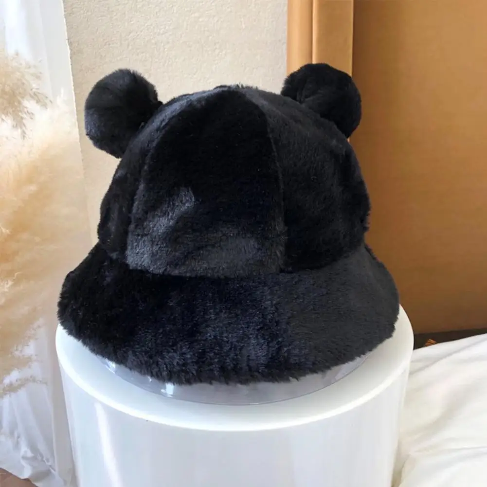 Fashion Autumn Winter Leopard Fur Bucket Hat Bear Ear Ball Plush Fisherman Hat Soft Warm Thick Basin Hat Bucket Hats