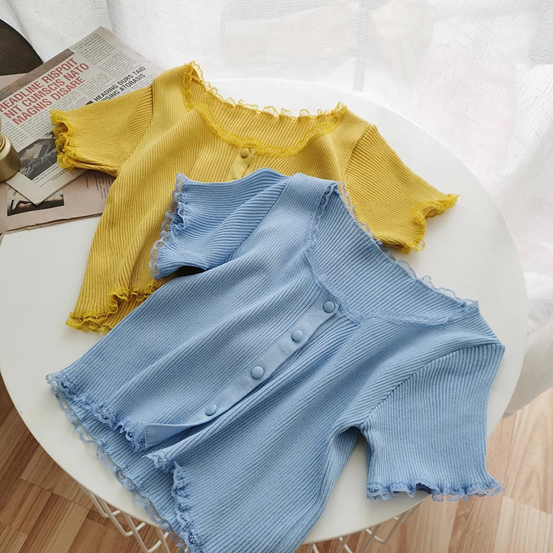 Pearl Diary Women Summer Crop Rib Knitted Shirts Solid Color Short Sleeve Lettuce Edge Sweet Crop Tops Fabric Covered Buttons