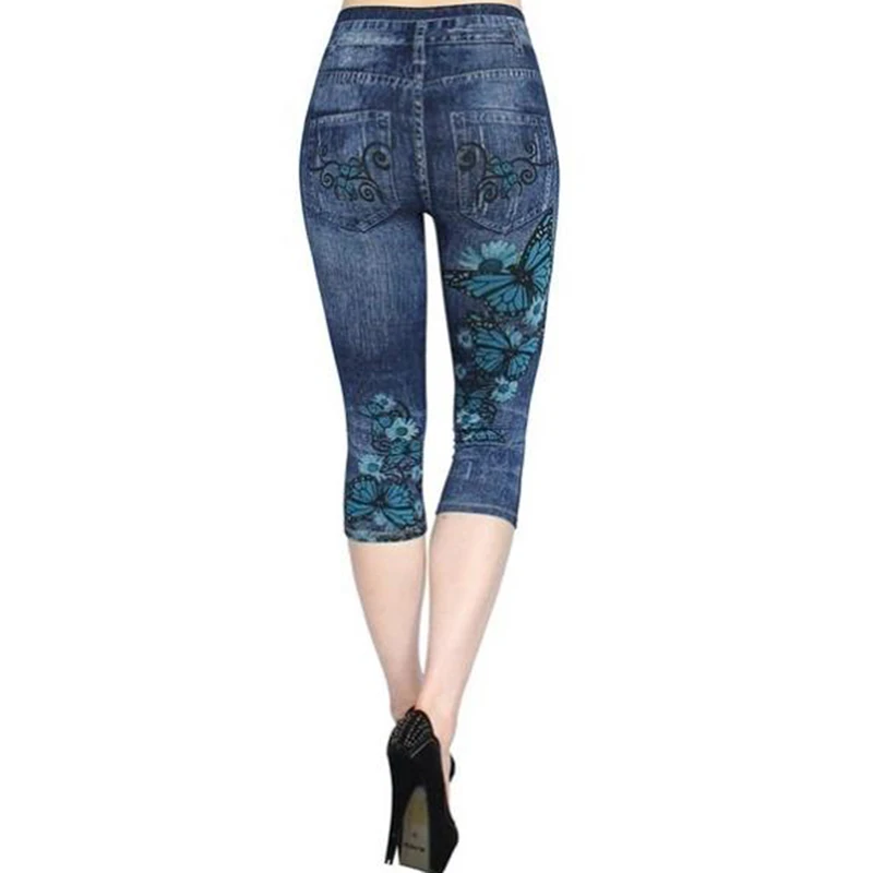 Mulher sexy leggings senhora de cintura alta impressão imitação denim leggings alta elástico magro sete leggings femme