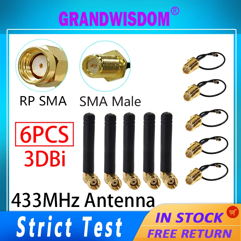 Gws 6pcs 433mhz antenna 3dbi SMA female Connector Plug antenne router 21cm ipex 1 SMA male pigtail Extension Cable