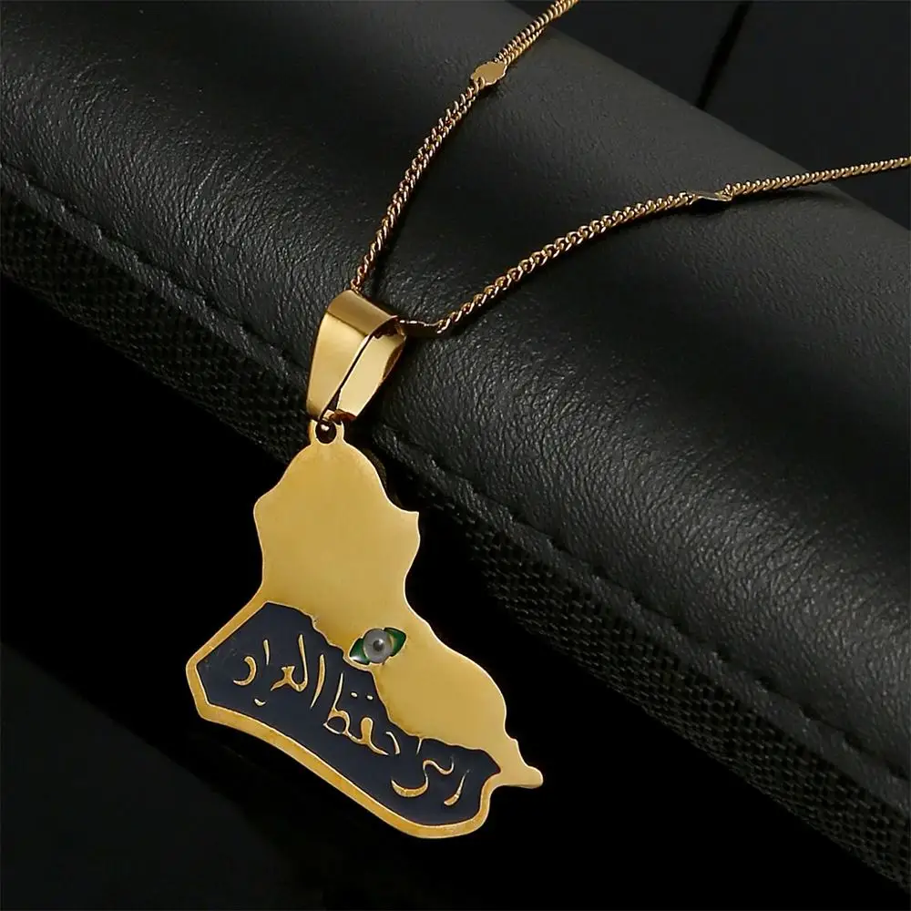 Stainless Steel Republic Of Iraq Map Pendant Necklace for Women Men Maps of Iraq Jewelry