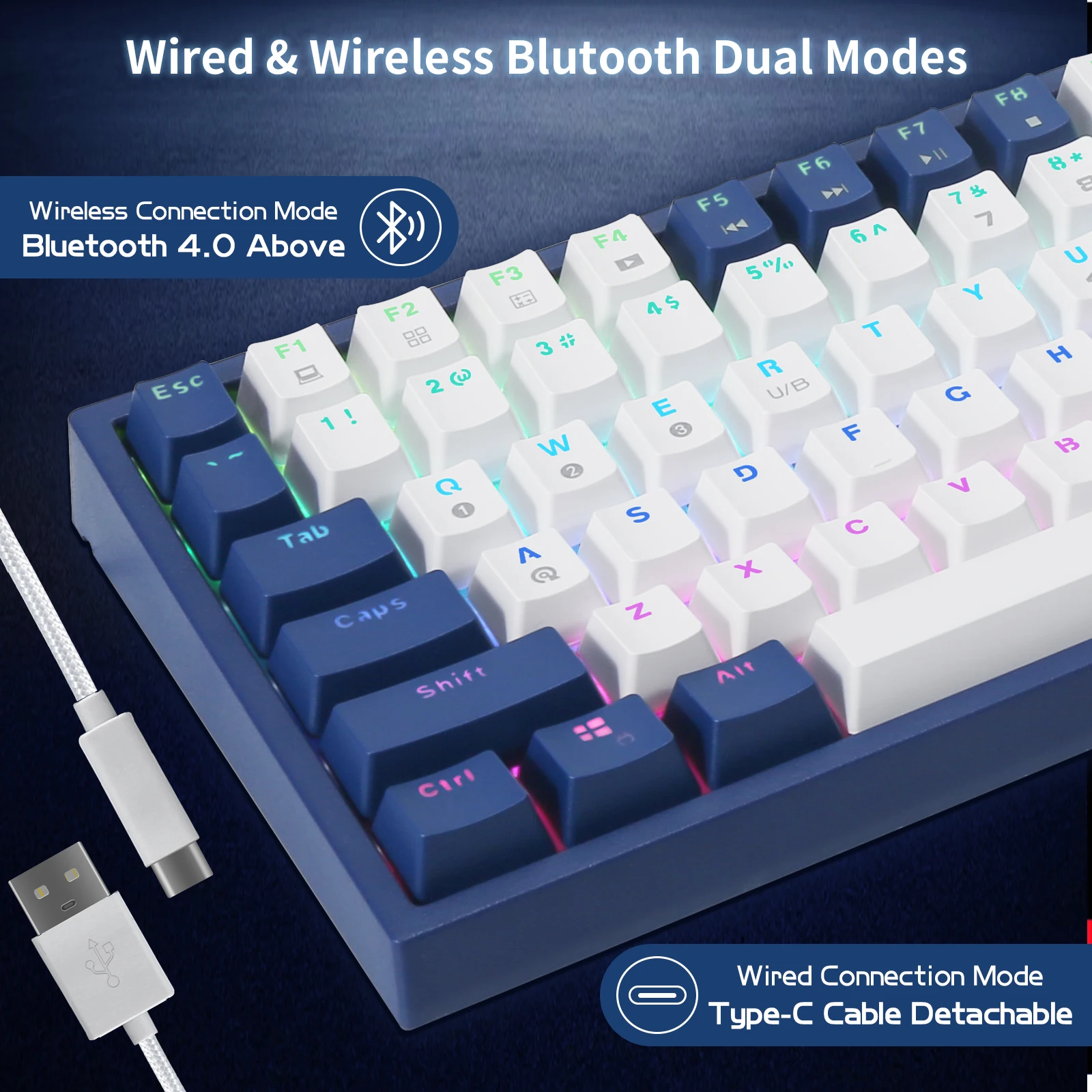 Беспроводная Механическая игровая клавиатура HUO JI CQ84 с 84 клавишами, RGB подсветка, Bluetooth 4,0, синий переключатель, 60% Проводная клавиатура с двумя режимами