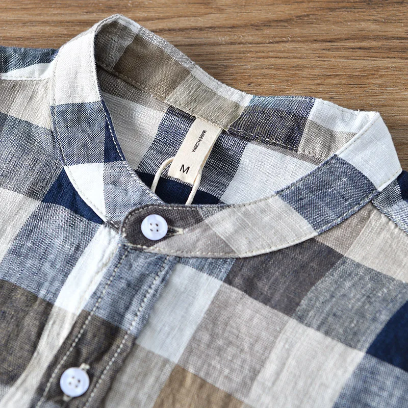 New Designer Italy long-sleeved pure linen casual shirt men brand stand collar stripe plaid fashion shirts for men top camisa
