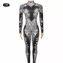 Sexy Silver Rhinestones black long sleeve Jumpsuit Women gold Performance Glass crystal Bodysuit nightclub pole Costume spandex
