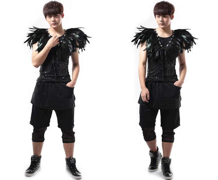 New Stage Costume Nightclub Men Feather Costume Shoulder Rave Clothes GoGo Dance Costume Stage Clothes For Singers Men