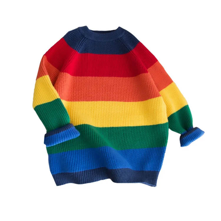 Winter Rainbow Family Christmas Sweaters Mother&Daughter Hoodies Clothes Stripe Children\'s Bottoming Shirt Kids Sweatshirt Gift