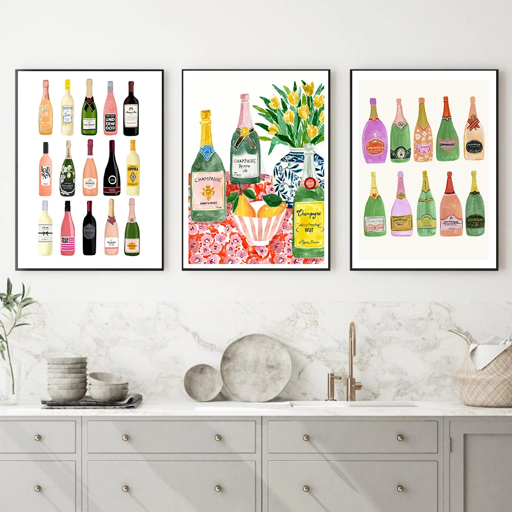 Colorful Kitchen Poster Champagne Bottle Cocktail Drink Canvas Print Wall Art Painting Picture Dining Room Restaurant Bar Decor