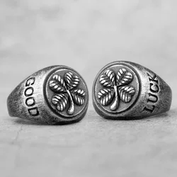 Good Luck Four Leaf Clover Retro Old Black Stainless Steel Mens Rings for Women Male Boy Biker Jewelry Creativity Gift Wholesale