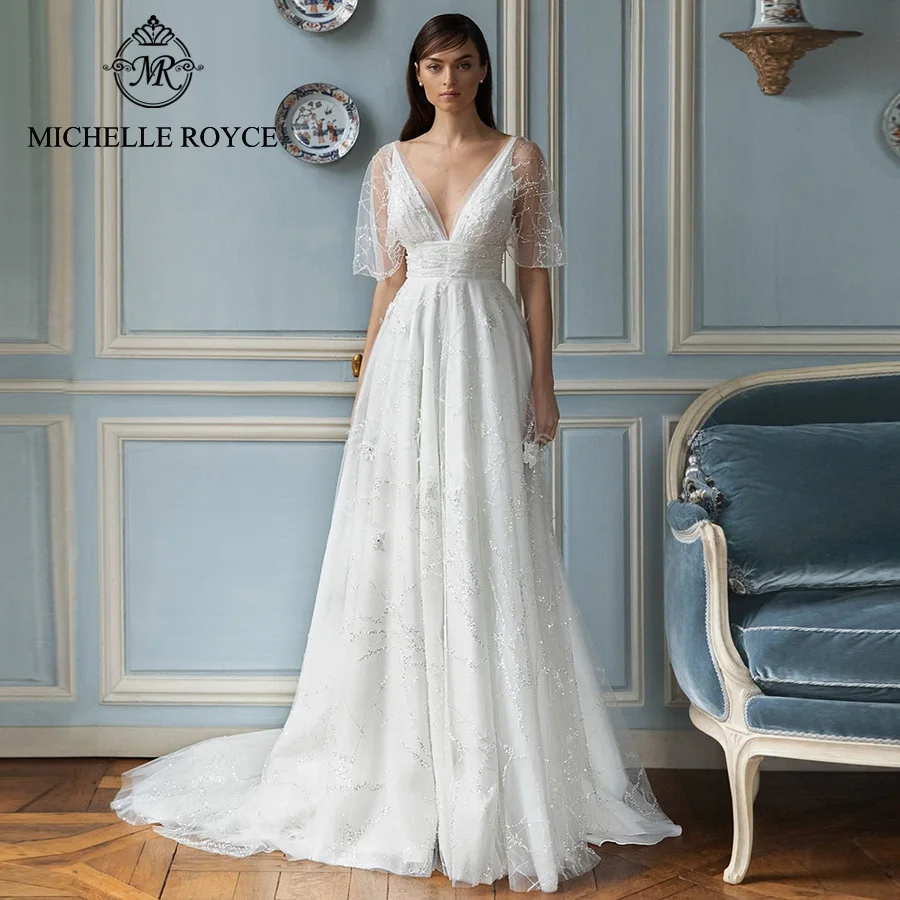 

Michelle Royce A-Ling Wedding Dresses 2021 Sexy Deep V-Neckline Flar Sleeve Backless Chapel Train Bridal Gowns Vestido De Noiva