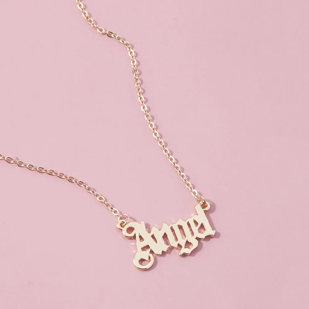 New Fashion Angel Necklace for Women Girls Old English Font Pendants Necklaces Letter Cute Chain Choker Alloy Statement Jewelry