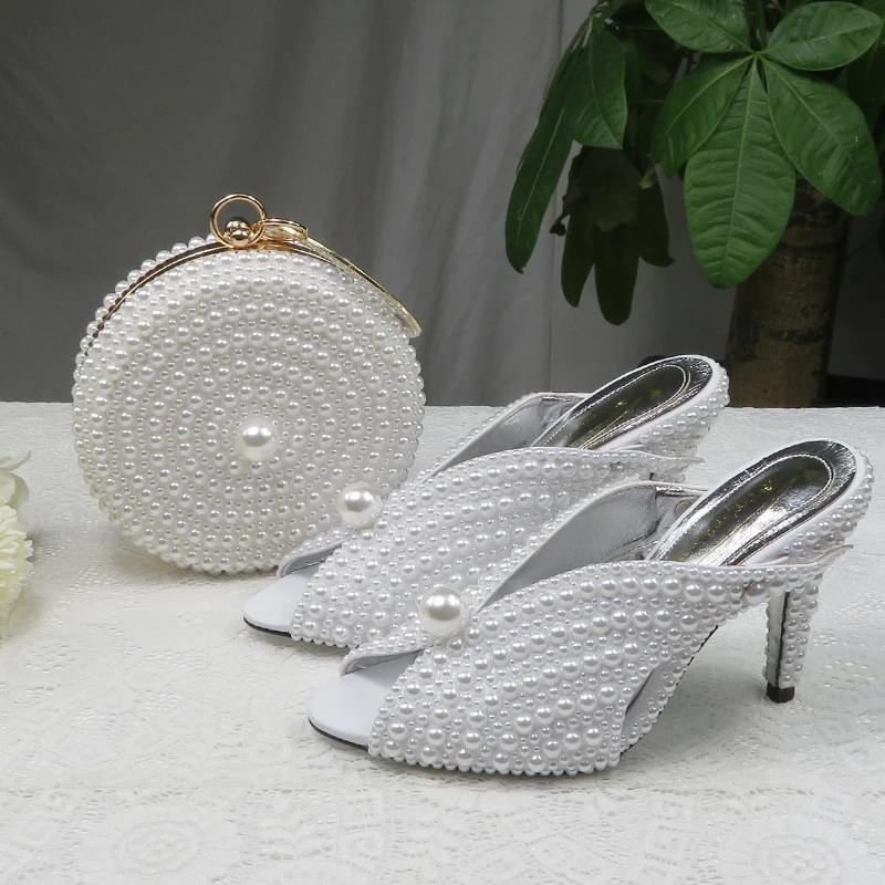 

BaoYaFang 9cm White Pearl women wedding shoes And Bags Bride High heels shoes ladies party dress shoes woman Open Toe Slingbacks