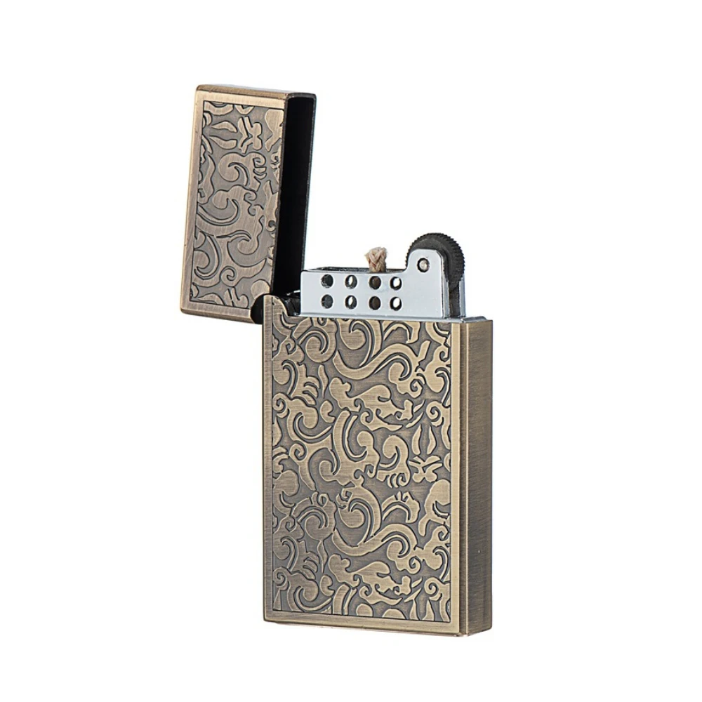 New Windproof Metal Kerosene Lighter Creative Embossed Pattern Retro Flint Grinding Wheel Petrol Cigarette Lighters Gift For Men