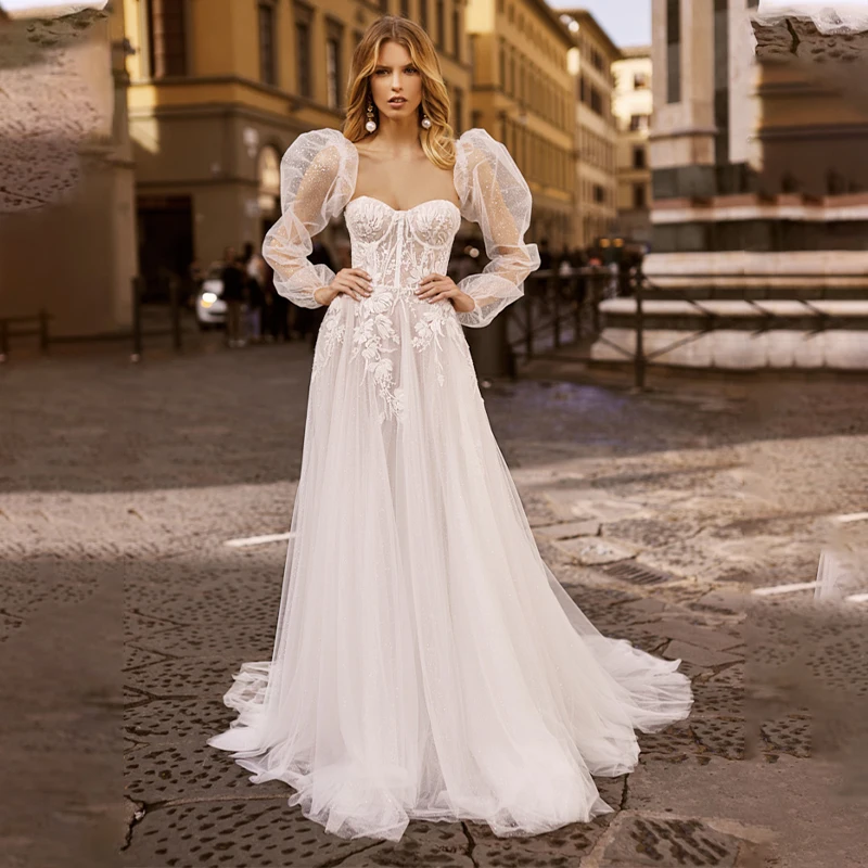 

Sweetheart Sexy Slit See Through Removable Puffy Sleeve Ribbons Bridal Gowns A-Line Tulle Wedding Dress 2022 Vestido De Noiva