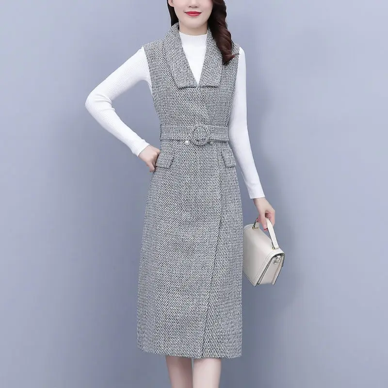 Temperament Slim Outfit 2021 Women\'s Commuter White Sweater + Gray Strap Dress Suit Autumn Winter Two Piece Set M1722