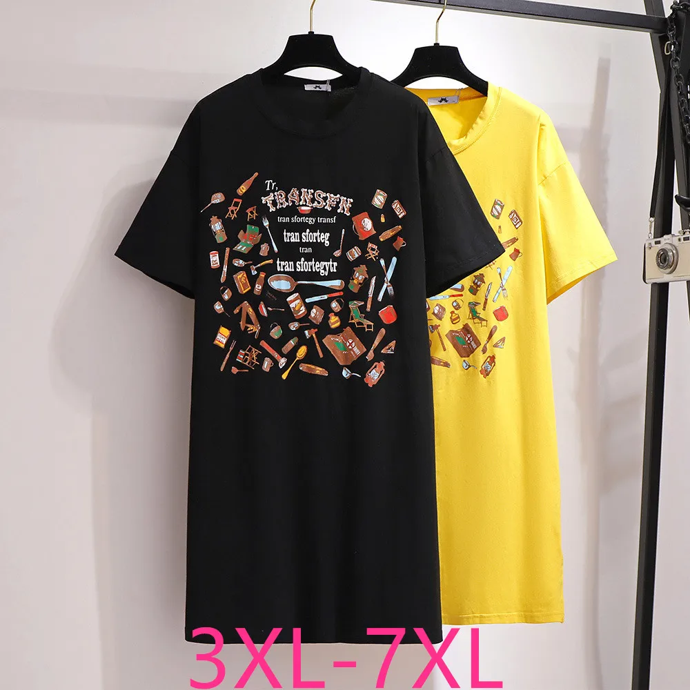 2021 New Summer Plus Size Tops For Women Loose Casual Short Sleeve Cotton Print O Neck Long T-shirt Black Yellow 4XL 5XL 6XL 7XL