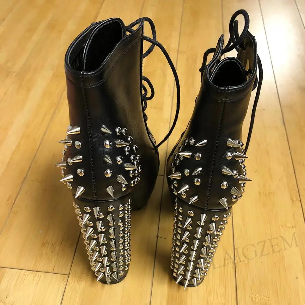 LAIGZEM Studded Women Ankle Platform Booties Chunky High Heels Punk Metal Decro Short Boots Shoes Woman Large Size 43 44 46 47