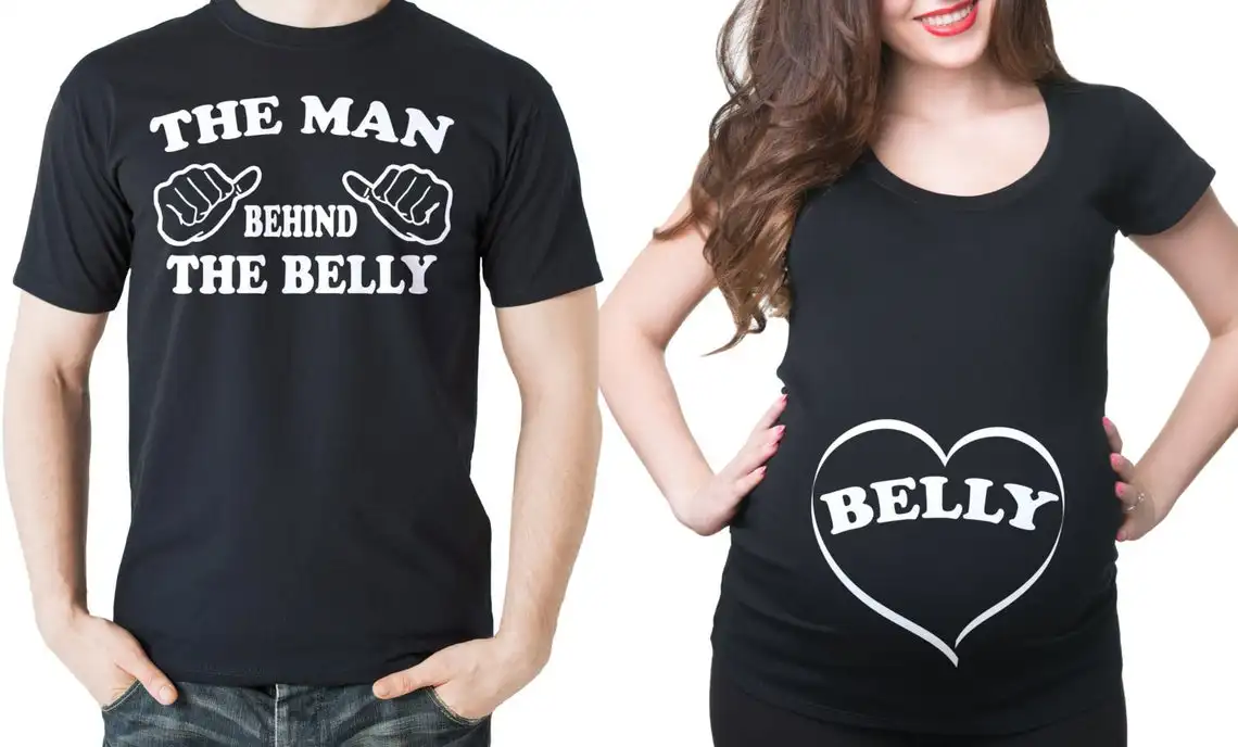 Pregnancy T-shirt Pregnancy Announcement Couple T-shirts Man Behind The Belly Funny Couple Pregnancy T-shirts Baby Shower Gifts