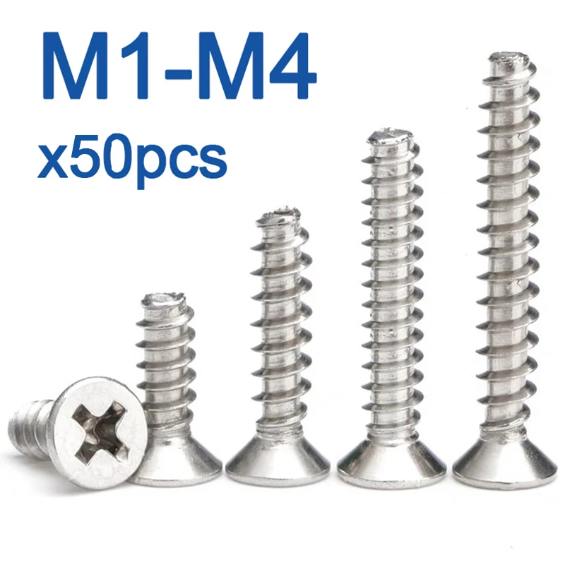 

50cs/Lot Self-tapping Screws Cross Recessed Countersunk Head 304 Stainless Steel M1.7 M2 M2.6 M3 M4 Flat Cap Phillips Screw