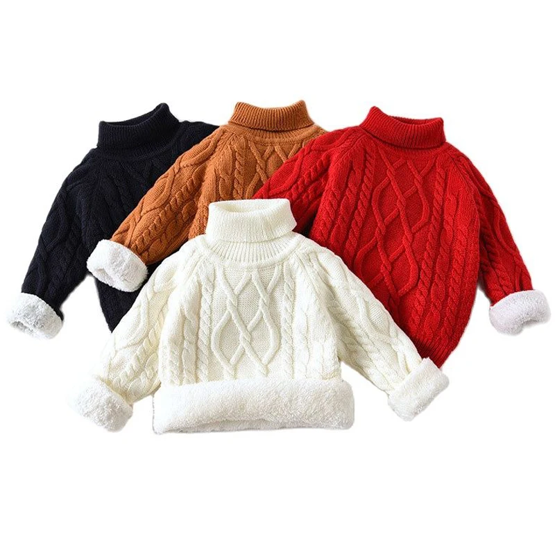 Baby Sweater Solid Winter Thick Plush Pullover 2021 New Turtleneck Casual Kids Boy Girl for Children Warm Knitted Sweaters 0-8Y