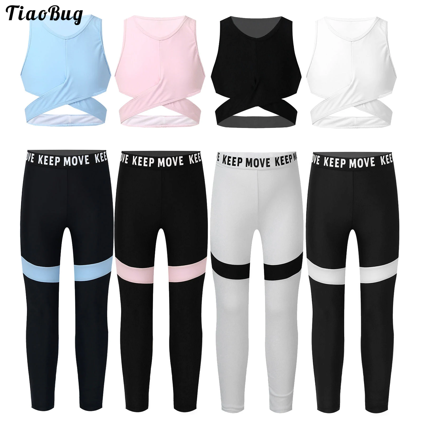 4 To 14 Years Summer 2Pcs Kids Girls Sport Suits O-Neck Sleeveless Racer Back Sash Cross Waist Gym Yoga Dance Top Pants Sets