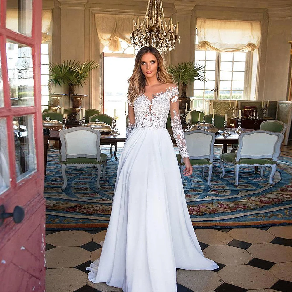 Long Sleeves Wedding Dress 2026 Hot Beach Bridal Gown Chiffon Lace Appliques Wedding Dresses White/Ivory Romantic Buttons