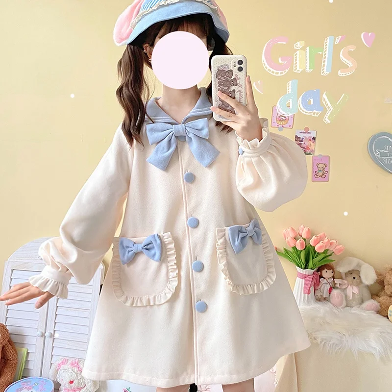 Japanese Preppy Style Winter Sweet Girl Coat Kawaii Sailor Collar Bow Cute Lantern Sleeve Single-Breasted Loli Woolen Outerweat