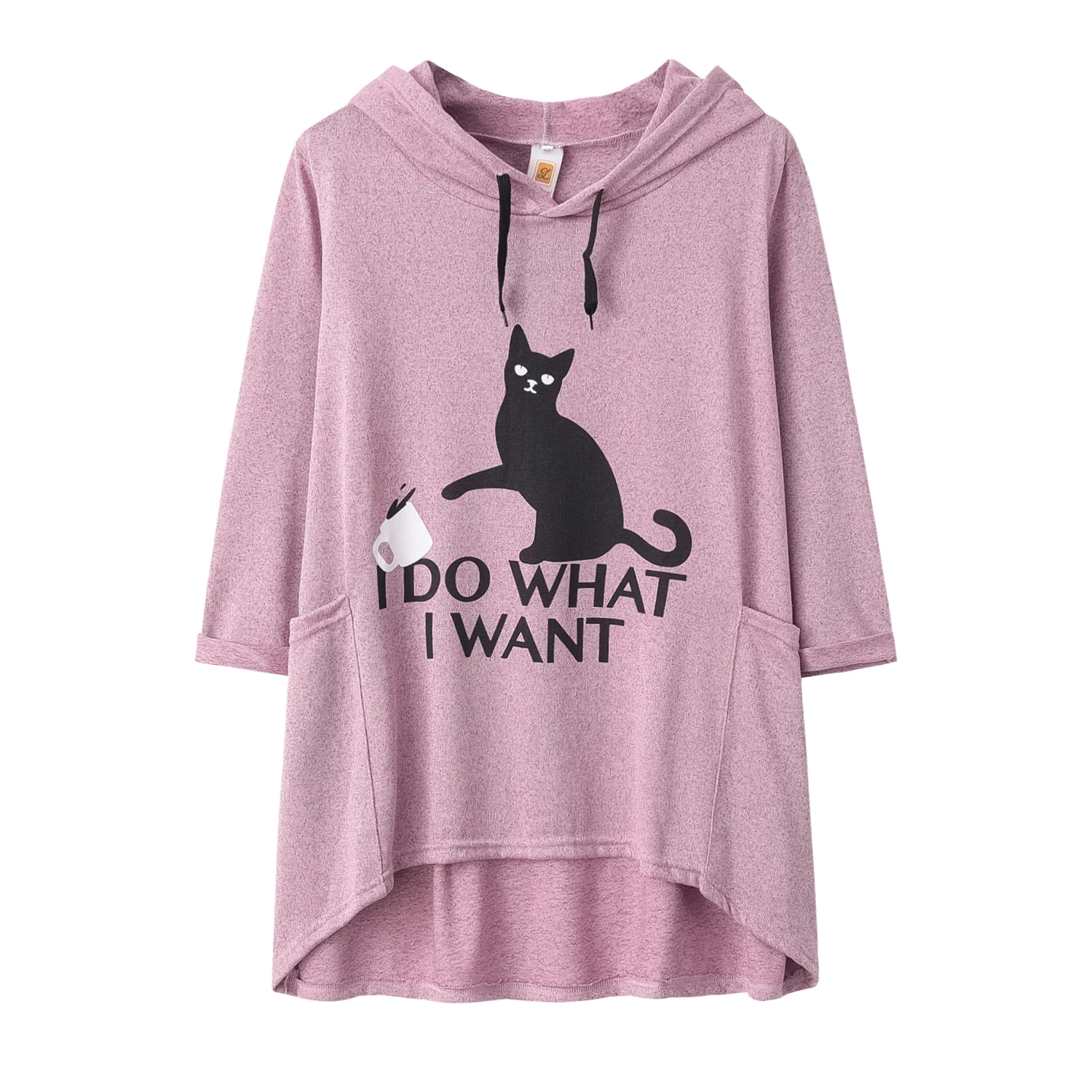 Fashion Trend Loose Large Size Knitted Long Sleeve Hoodie Irregular Cat Print Ladies