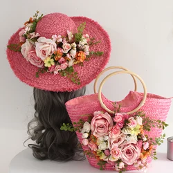 Sac fourre-tout et chapeau en paille pour femmes, sac de plage d'été, sac à main en rotin, fleurs artificielles colorées, tissage raphia, costume de vacances bohème, mode