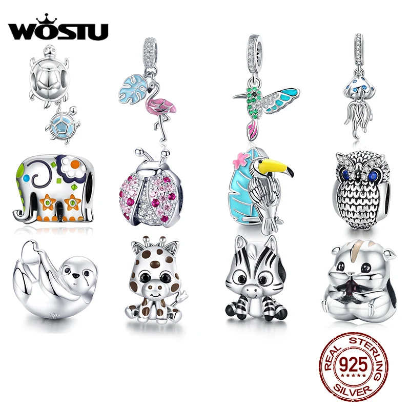 WOSTU Animal Zoo Flamingo Charm 925 Sterling Silver Elephant Owl Beads Ladybug Pendant Fit Original Bracelet DIY Jewelry Making