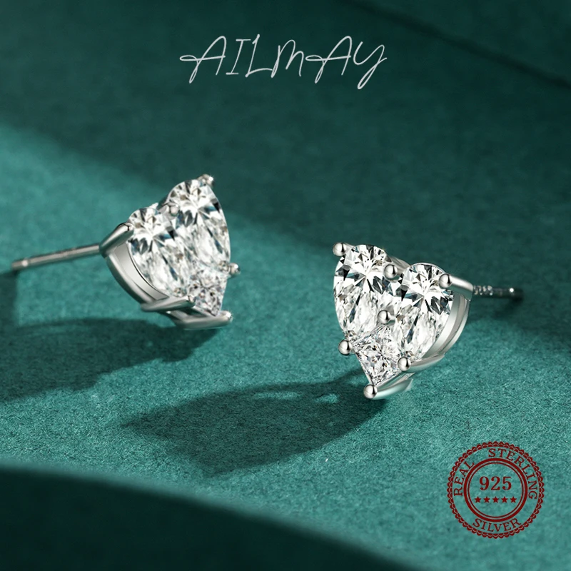 Ailmay 100% 925 Sterling Silver Luxury Elegant Love Heart Shape Stud Earrings for Women Cubic Zirconia Fashion Party Jewelry