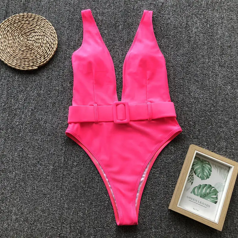 High Cut Swimwear Women 2024 Solid One Piece Swimsuit Female High Waist Monokini V-Neck Sexy Bathing Suit Swim Suit Black Red
