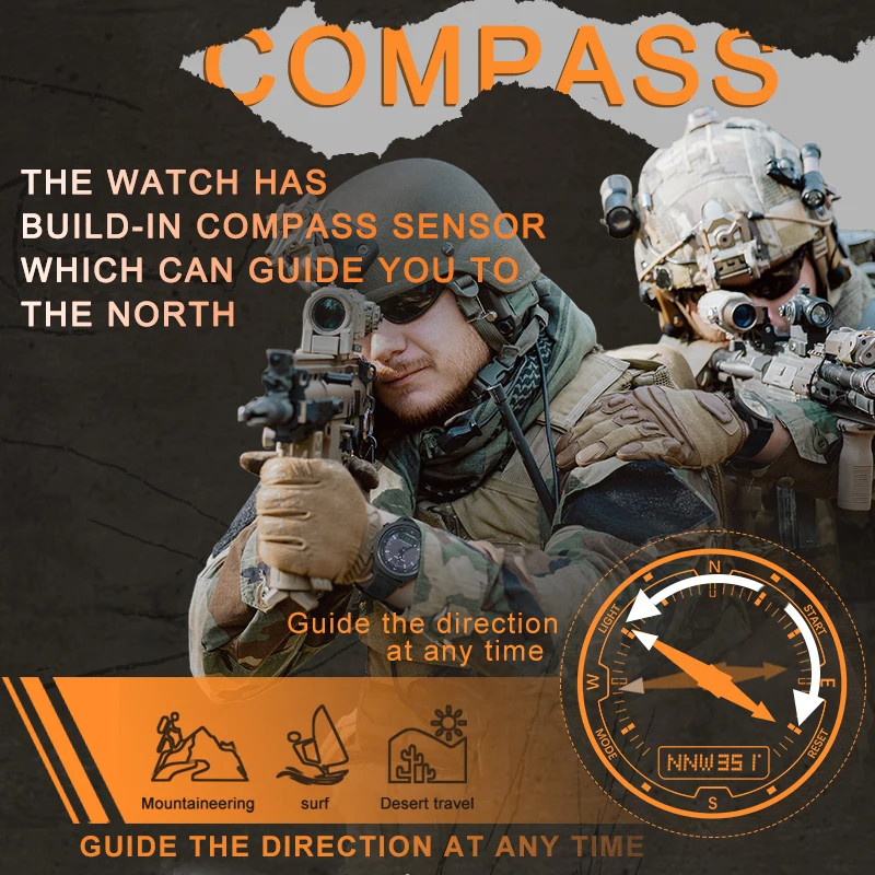 NORTH EDGE Men Solar Power Digital Watch Men\'s Outdoor Smart Watches Full Metal Waterproof 50M Compass Army Military Style Clock