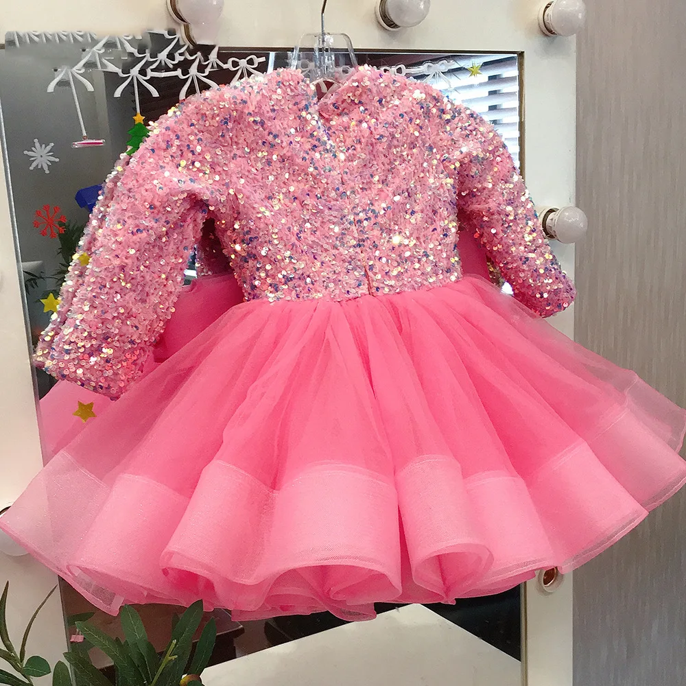 Langarm Ballkleid V Neck Mädchen Party Kleider Schichten Puffy Mädchen Prinzessin Kleid Shiny Geburtstag Erstkommunion Kleider