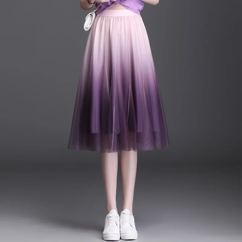 

Fashion New Spring Summer Lady Hight Waist A-Line Gradient Mesh Pleated Skirt Elegant Women Pettiskirt Girl Tulle Princess Dress