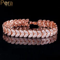 Pera Elegant Micro Full 585 Rose Gold Color CZ Zircon Pave Leaf Link Chain Bracelet for Women Fashion Wedding Party Jewelry B202