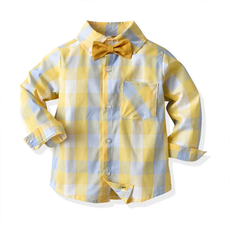 Top and Top Kids Boys Gentleman Clothing Set Cotton Long Sleeve Plaid Shirt with Bow Tie + Overalls Boys Formal Wear for Wedding