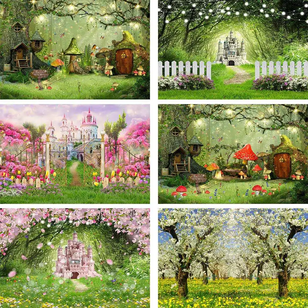 

Fairy Forest Castle Spring Photography Backdrops Green Grass Mushroom Elves Baby Newborn Portrait Photo Shoot Background Props