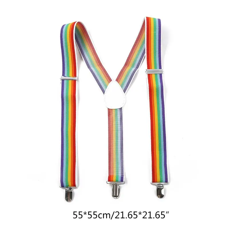 Men Wide Adjustable Straps Y-Back Suspenders Rainbow Colorful Vertical Striped Elastic Belt with Strong Metal Clips