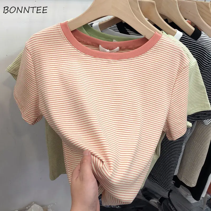 T-shirts Women Summer New Fashion Panelled O-neck Slim All-match Leisure Korean Style College Holiday Streetwear Fit Female Tops