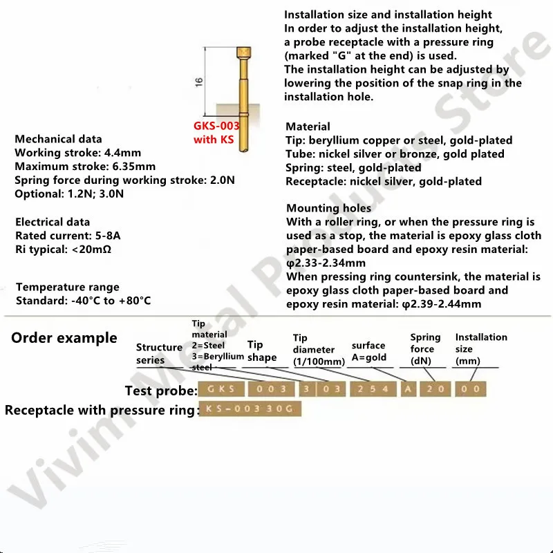 ドイツオリジナルingunプローブGKS-003 206 254 3000/GKS-003 204 254 2000 125MIL P125-HとレセプタクルKS-003 30グラム2.36ミリメートルスリーブ