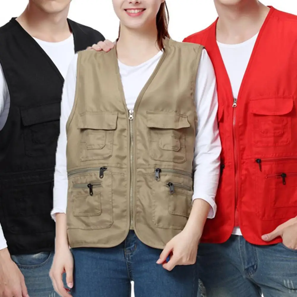 Fishing Jacket Quick-drying Vest Men Waistcoat Solid Color V Neck Multi Pockets Sleeveless Outdoor Summer Vest for Fishing