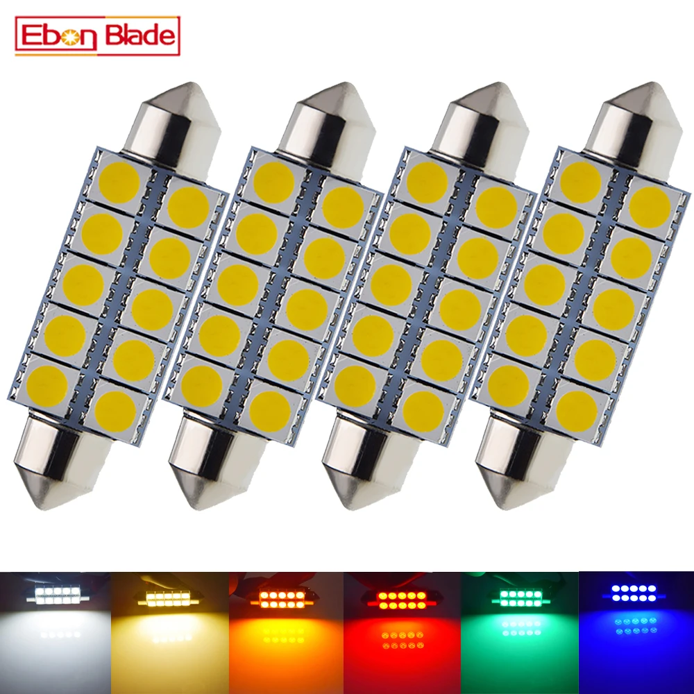 4PCS 12V DC 44mm 1.73inch 10 SMD Rigid Loop 5050 Led Festoon Bulbs C5W C10W 561 Cargo Ceiling Dome Reading Roof Light Warm White