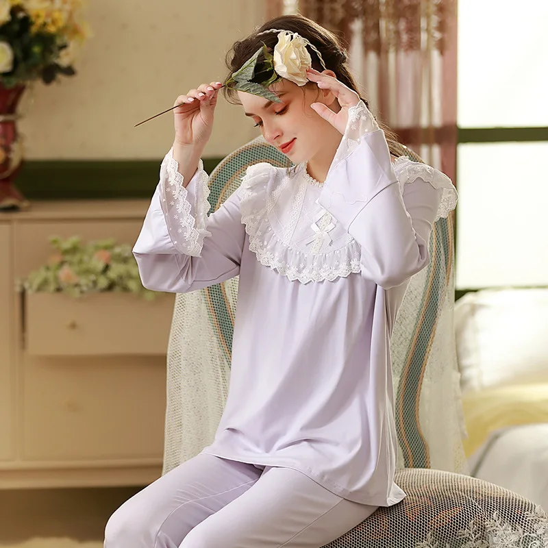 Sweet Pajama Sets Women Spring Autumn Long Sleeve Vintage Lace Sleep Tops Bottoms Pants Princess Sleepwear Pajamas Home Clothes