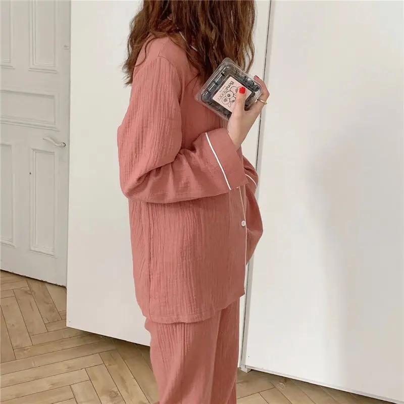 QWEEK Cotton Yarn Room Wear Solid Women\'s Pajamas Pijamas Feminino Pyjama Pour Femme Kawaii Clothes Korean Trouser Suits