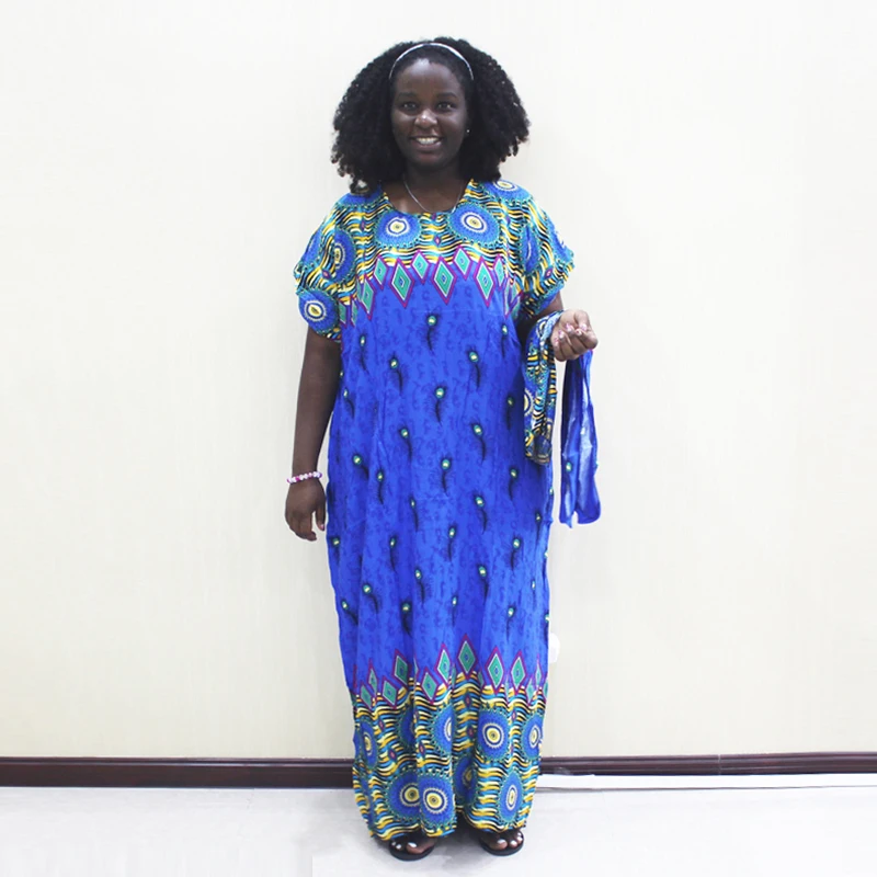 

Dashikiage Peacock Feather Print Dress African Dashiki Short Sleeve Casual Blue Dresses With Sarf