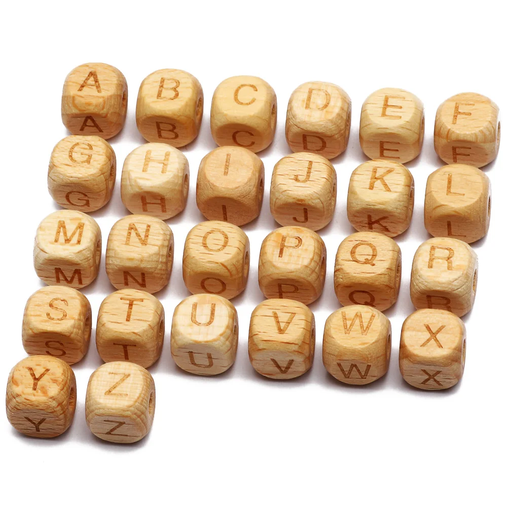 12mm Natural Beech Wooden Letter Beads Alphabet Square Cube Loose Spacer Wood Beads For Jewelry Making Diy Necklace Bracelet